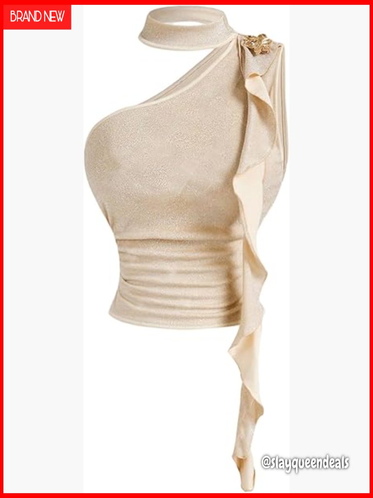 Glitter One Shoulder Ruched Halter Crop Tank Top With 3d Floral Decor